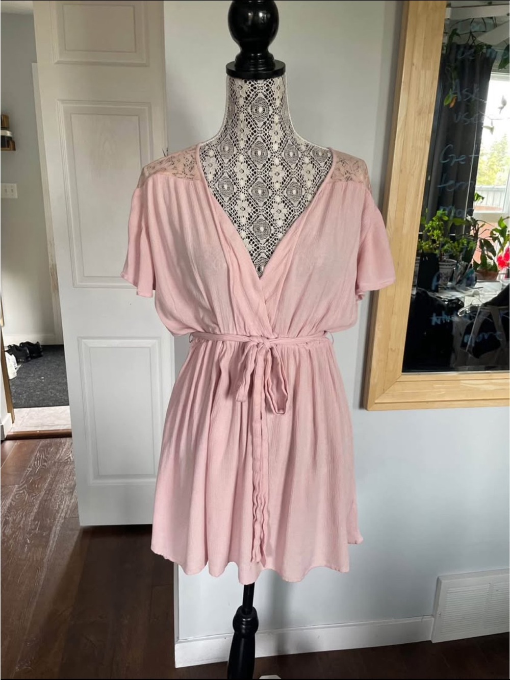 ASOS Size 14 Belted Summer Dress With Flower Mesh Back. Pink
